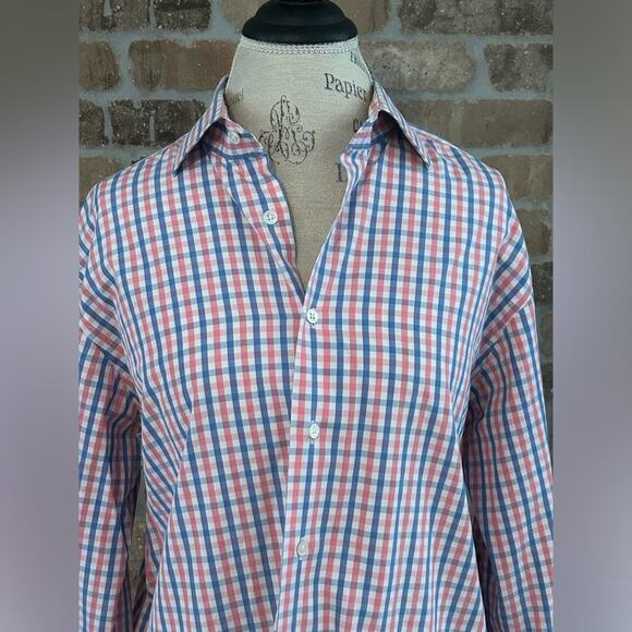 Duncan Quinn $600 striped check pink blue French cuff button down shirt sz 17.5 - Picture 7 of 9